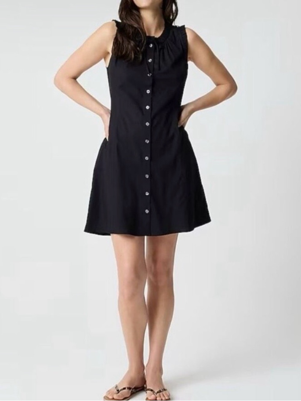 J.Crew Factory Ruffle Neck Tie Sleeveless Button-Front Black Mini Dress NWT 2